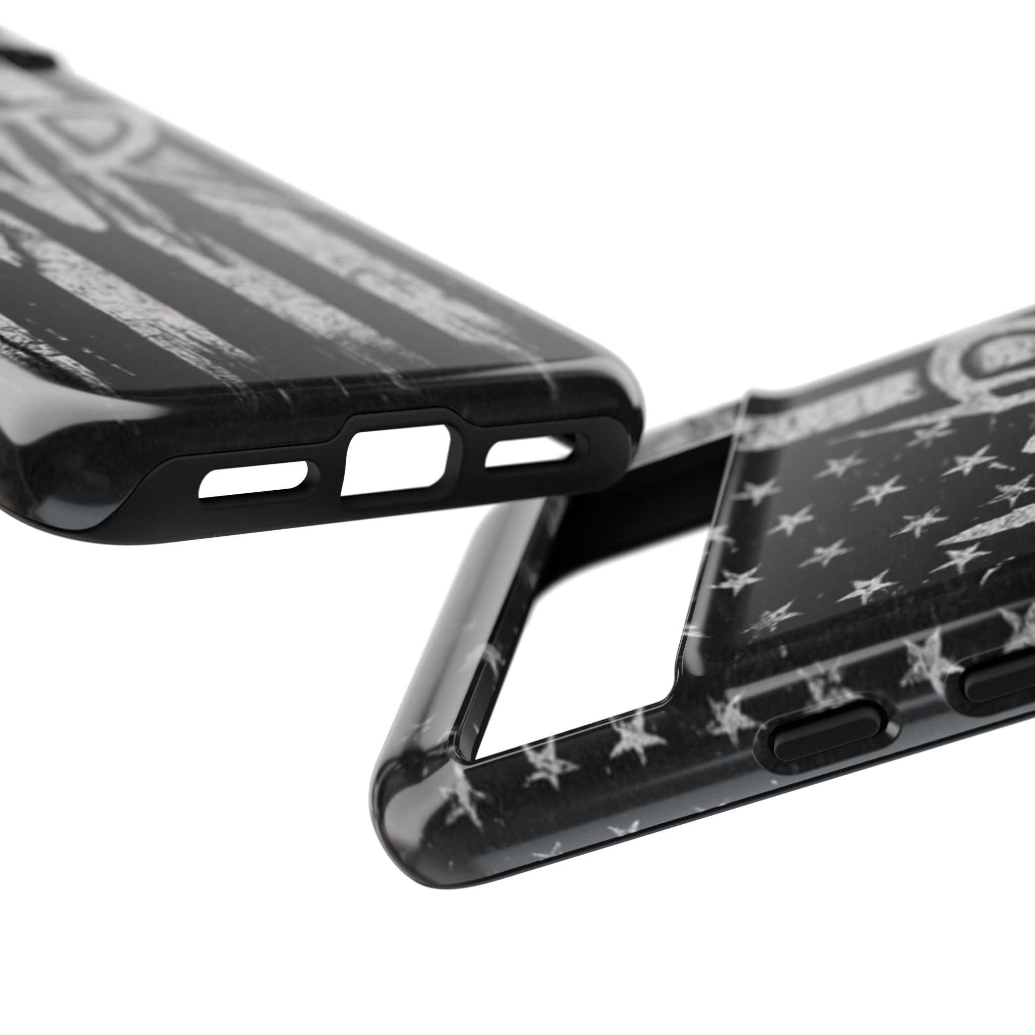Distressed American flag phone case featuring patriotic monogram WR by Printify, designed for durability and style.