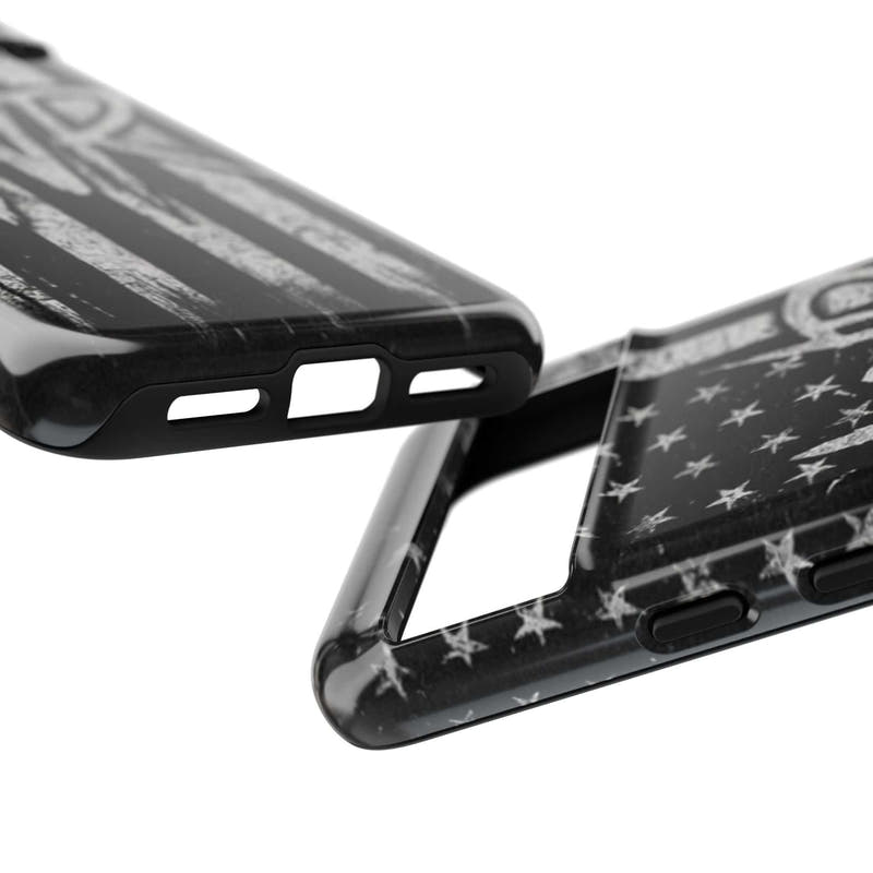 Distressed American flag phone case featuring patriotic monogram WR by Printify, designed for durability and style.