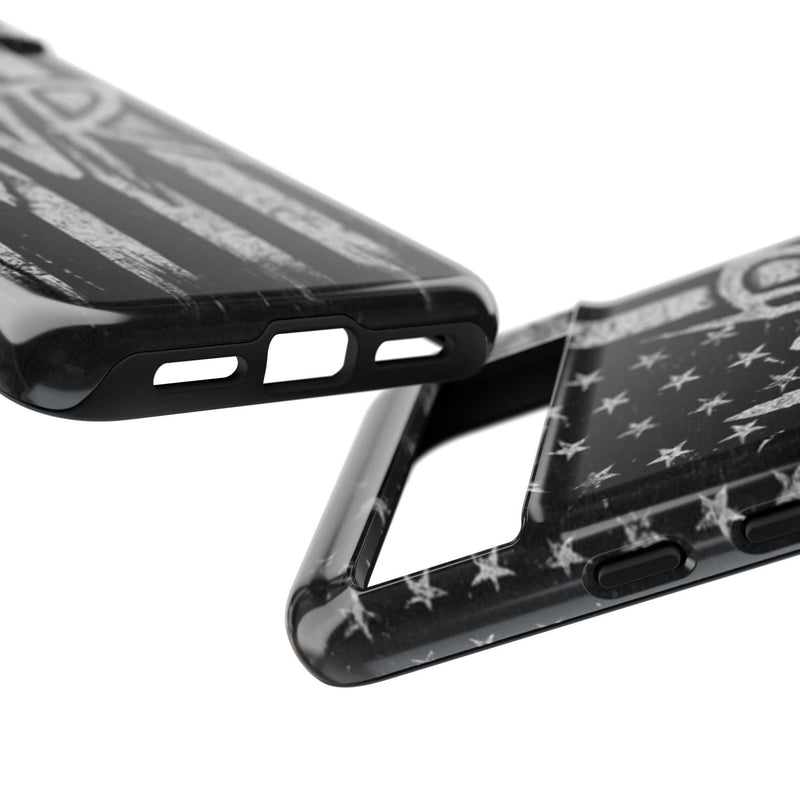 Distressed American flag phone case featuring patriotic monogram WR by Printify, designed for durability and style.