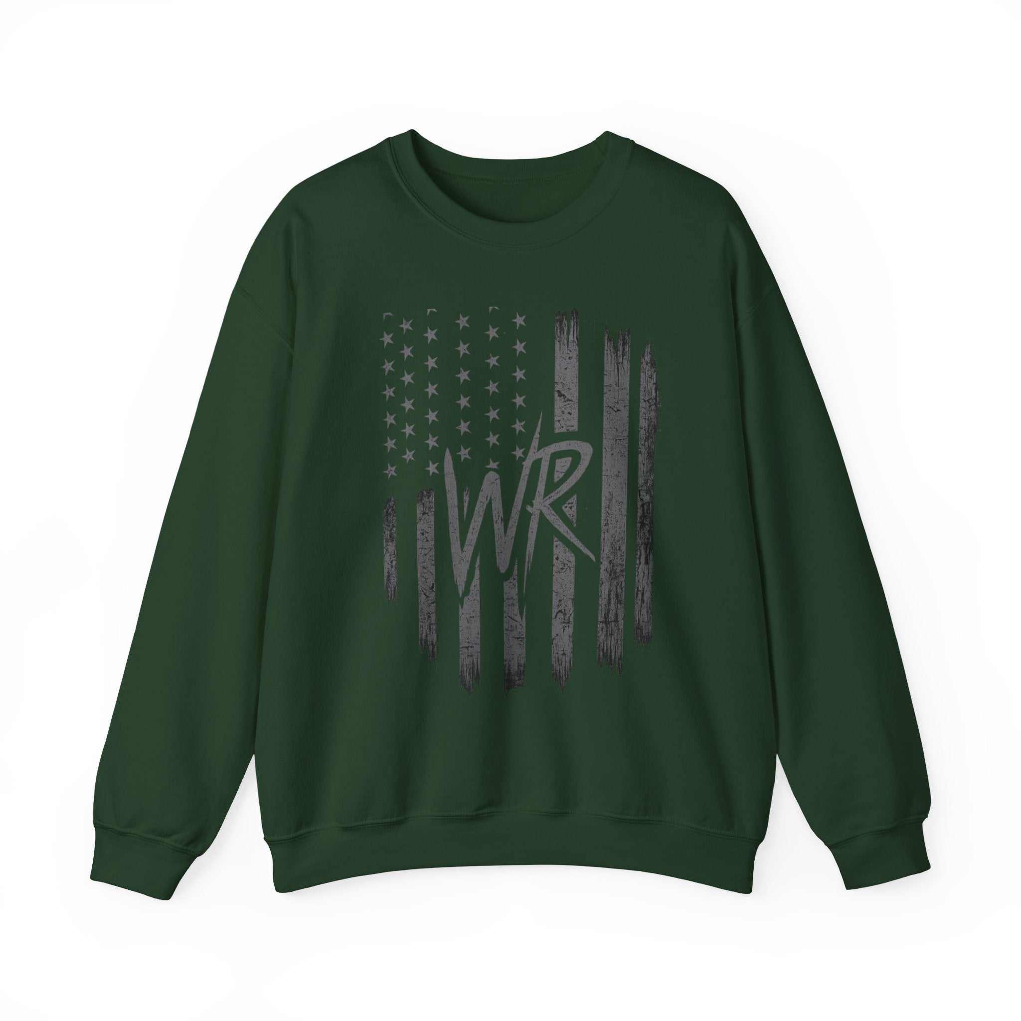 Distressed American flag crewneck sweatshirt with WR monogram, featuring a cozy pullover design by Printify.