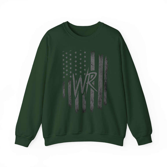 Distressed American flag crewneck sweatshirt with WR monogram, featuring a cozy pullover design by Printify.