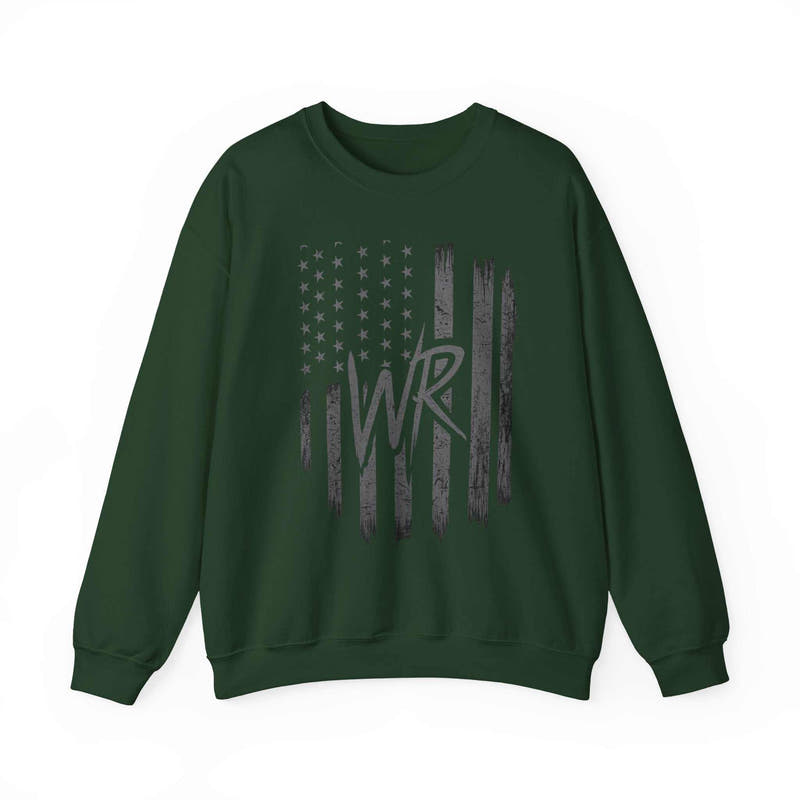 Distressed American flag crewneck sweatshirt with WR monogram, featuring a cozy pullover design by Printify.