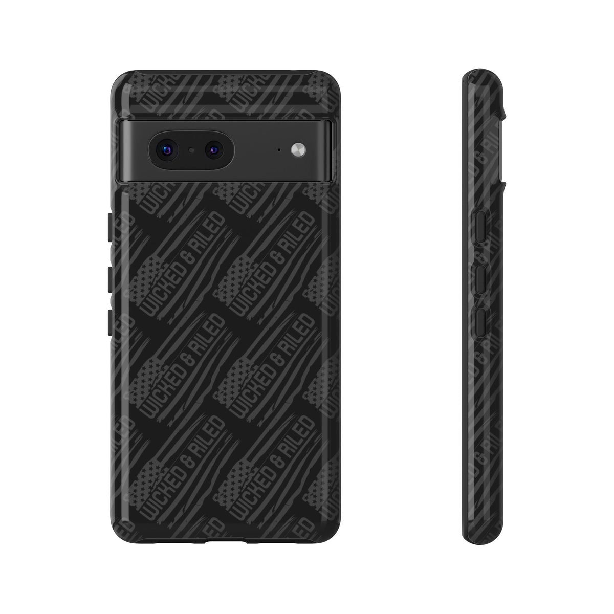 Rugged black protective phone case with "TOUGH CASES" text pattern by Printify, showcasing durable design and texture.