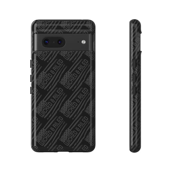 Rugged black protective phone case with "TOUGH CASES" text pattern by Printify, showcasing durable design and texture.