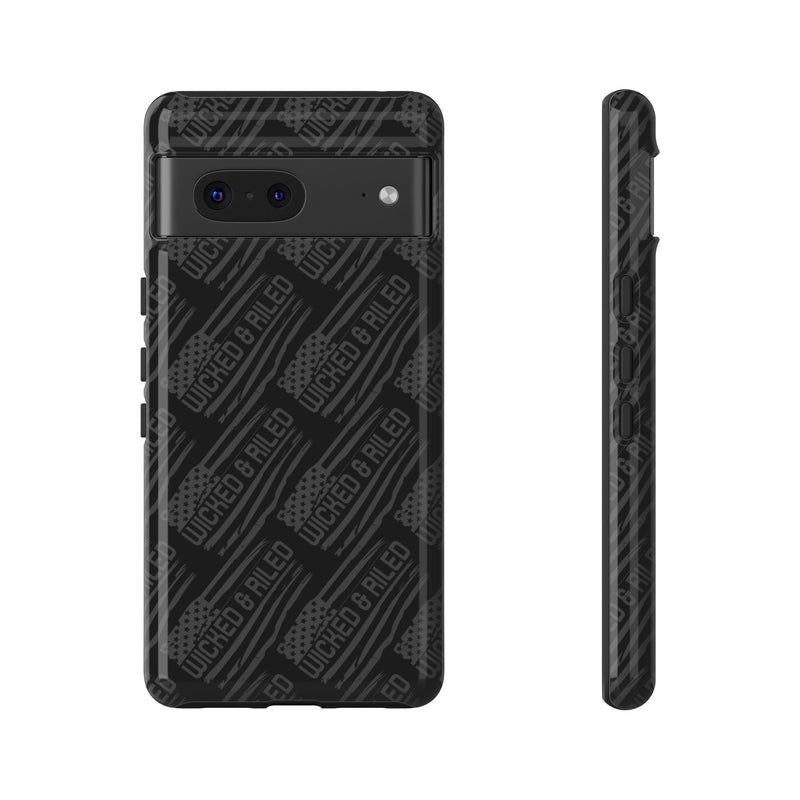 Rugged black protective phone case with "TOUGH CASES" text pattern by Printify, showcasing durable design and texture.