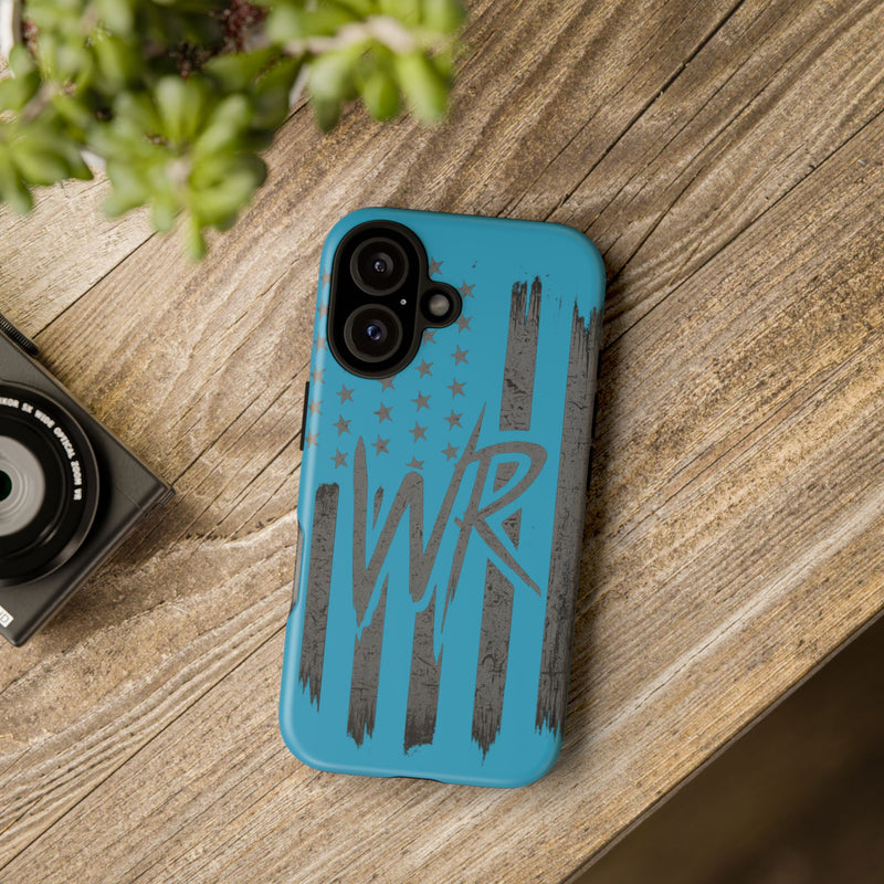 Patriotic blue 'WR' flag tough phone case by Printify, showcasing a durable design with a vibrant flag pattern.