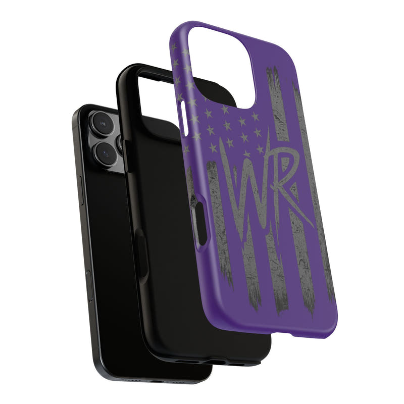 Purple 'WR' flag design tough phone case by Printify, showcasing durable construction and vibrant color.