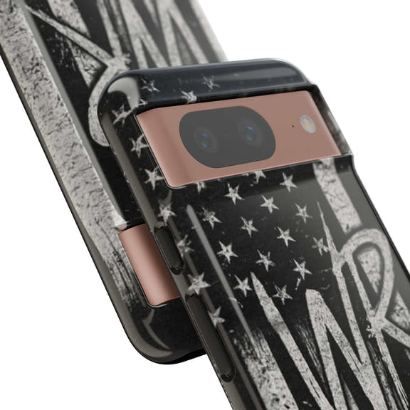 Distressed American flag phone case featuring a monogram WR by Printify, designed for durability and style.