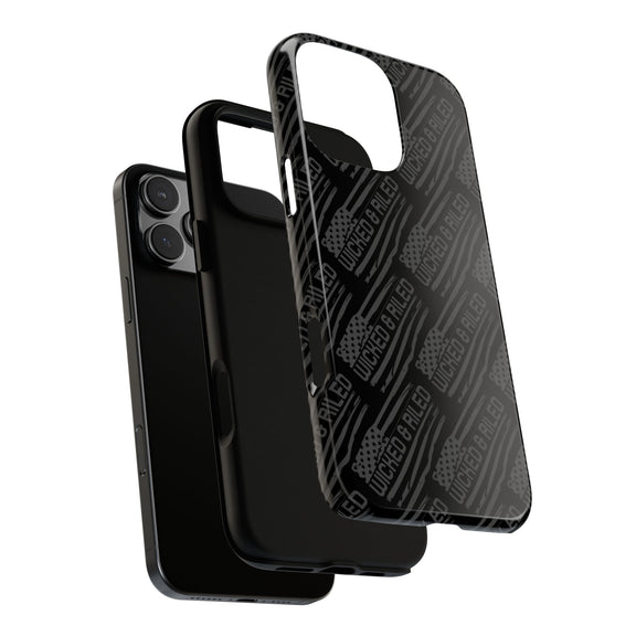Rugged black protective phone case by Printify featuring a textured 'TOUGH CASES' pattern for enhanced grip and durability.