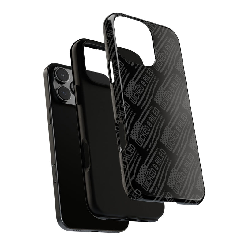 Rugged black protective phone case by Printify featuring a textured 'TOUGH CASES' pattern for enhanced grip and durability.