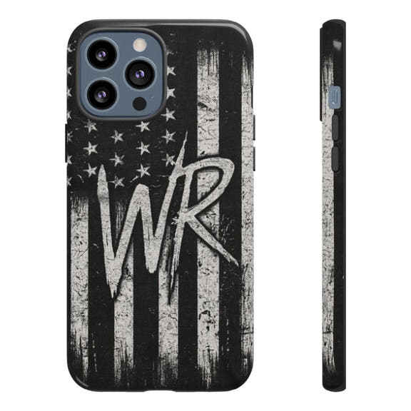 Distressed American flag design on a Patriotic Monogram Tough Phone Case featuring initials WR by Printify.