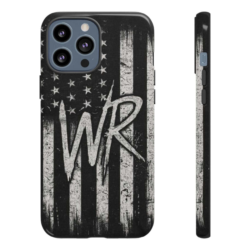 Distressed American flag design on a Patriotic Monogram Tough Phone Case featuring initials WR by Printify.