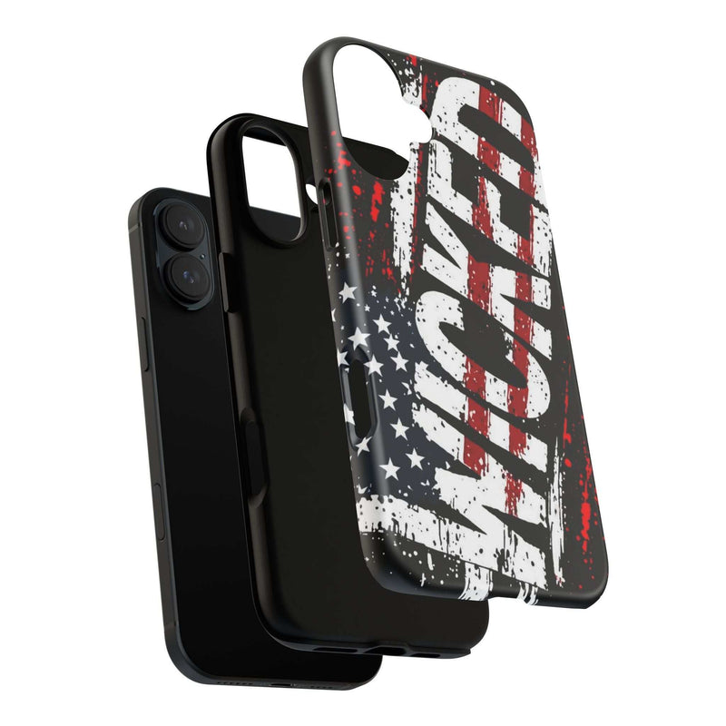 Distressed American flag phone case with "VETERAN" graphic, showcasing rugged patriotic protection by Printify.