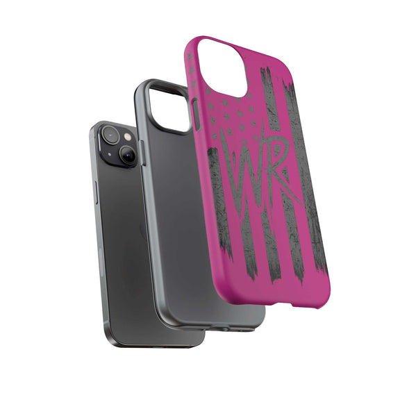 Pink 'WR' Flag Tough Phone Case by Printify with a durable design and vibrant color, showcasing the flag prominently.