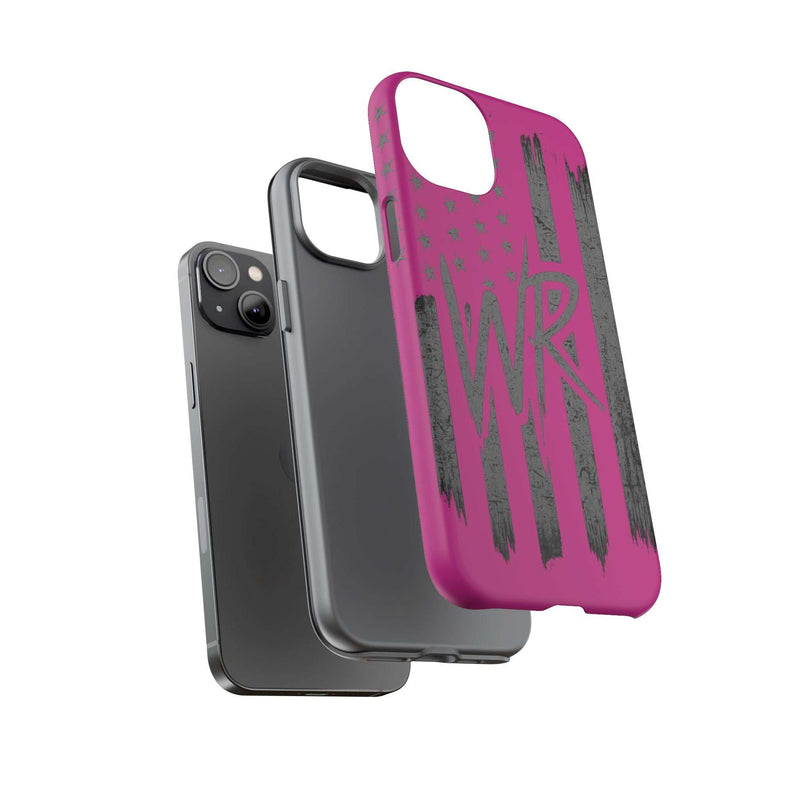 Pink 'WR' Flag Tough Phone Case by Printify with a durable design and vibrant color, showcasing the flag prominently.