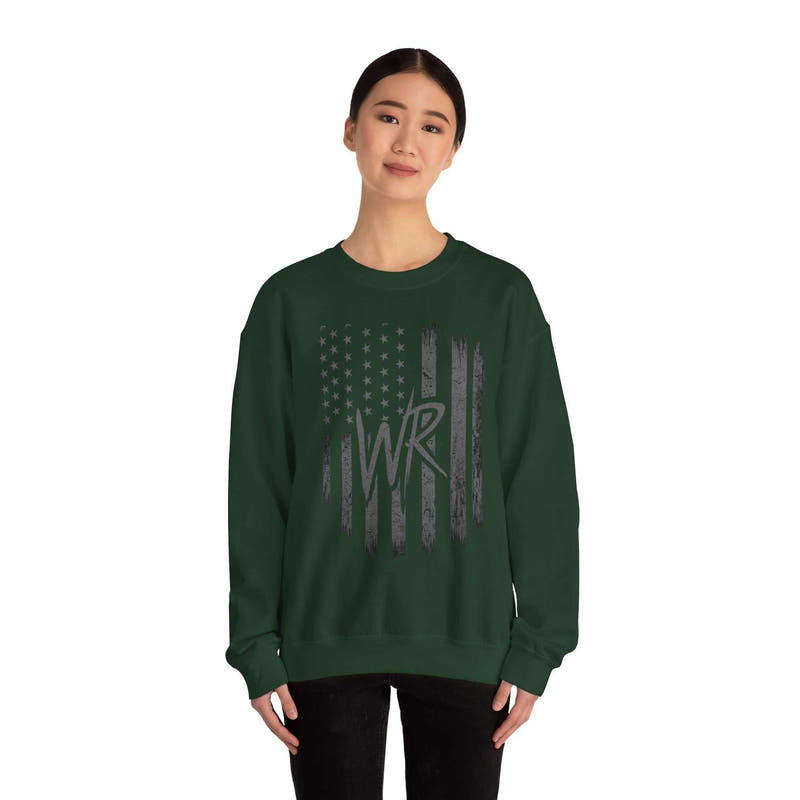 Distressed American flag crewneck sweatshirt with WR monogram by Printify, featuring a casual pullover design.