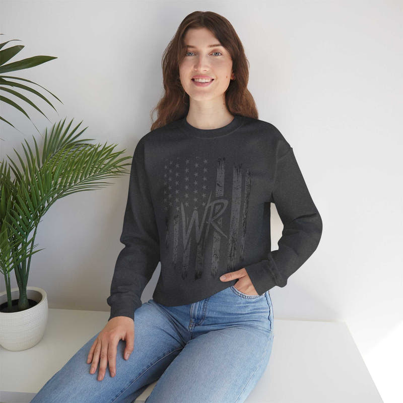 Distressed American flag crewneck sweatshirt with WR monogram by Printify, showcasing a cozy pullover design.