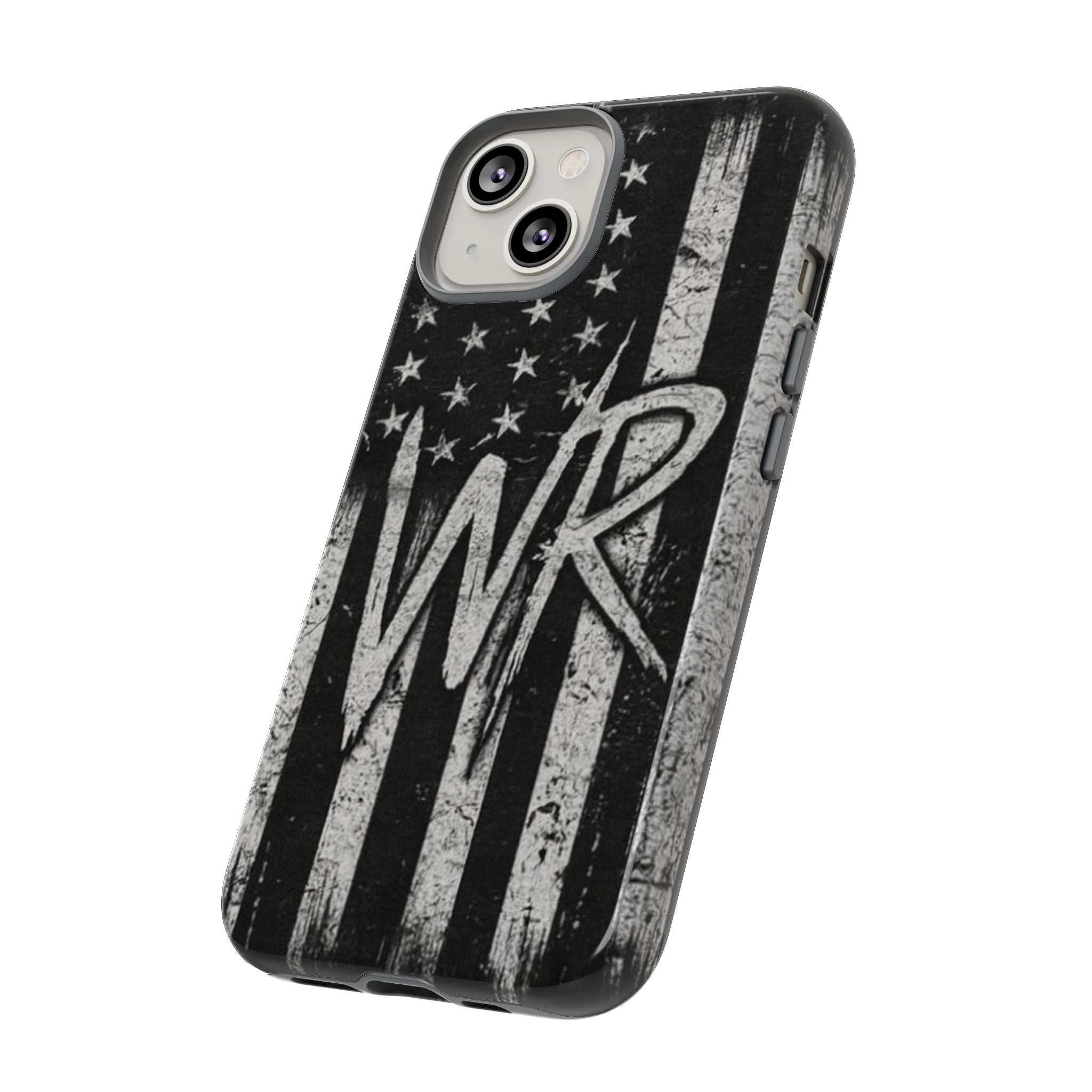Distressed American flag phone case featuring a WR monogram, designed by Printify for tough protection.