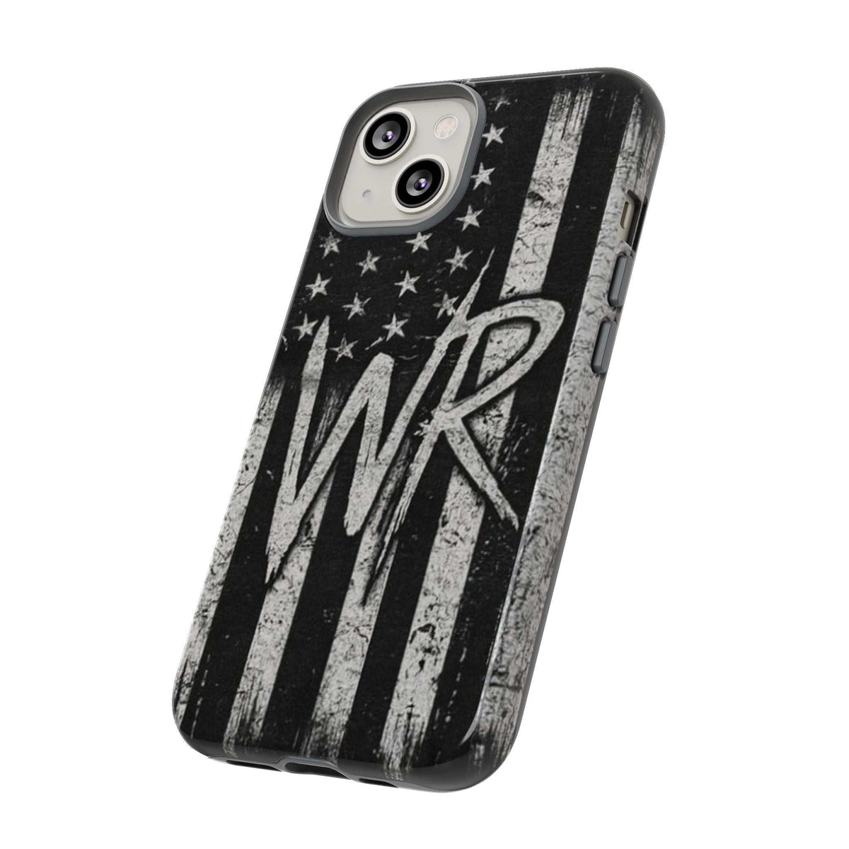 Distressed American flag phone case featuring a WR monogram, designed by Printify for tough protection.