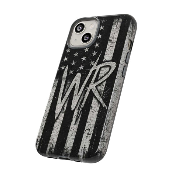 Distressed American flag phone case featuring a WR monogram, designed by Printify for tough protection.