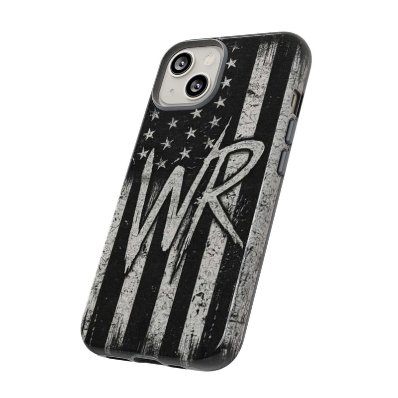Distressed American flag phone case featuring a WR monogram, designed by Printify for tough protection.