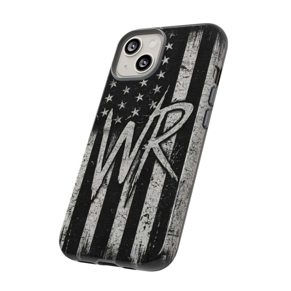 Distressed American flag phone case featuring a WR monogram, designed by Printify for tough protection.