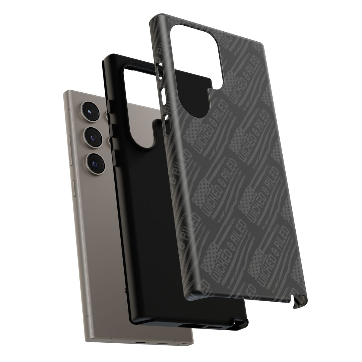 Rugged black protective phone case by Printify with 'TOUGH CASES' text pattern, showcasing durable design and texture.