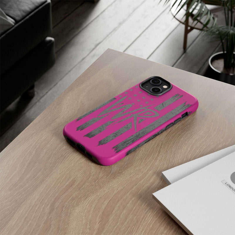 Pink 'WR' Flag Tough Phone Case by Printify with a durable design and vibrant flag graphics.