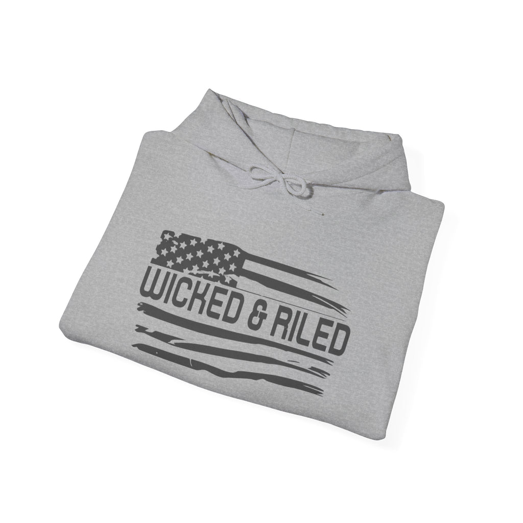 Wicked & Riled Flag Hoodie — Distressed American Logo Pullover
