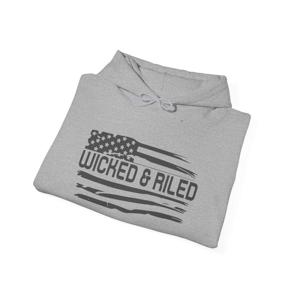 Distressed American logo on a Wicked & Riled pullover hoodie by Printify, showcasing a casual and stylish design.