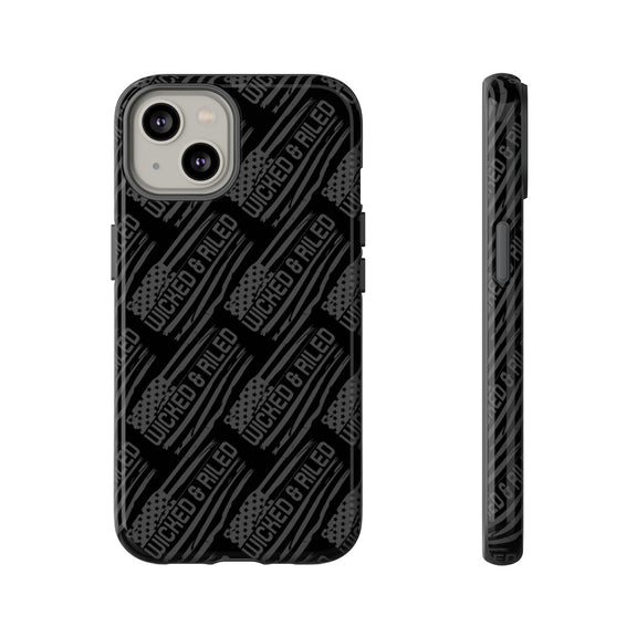 Rugged black protective phone case by Printify featuring a textured TOUGH CASES pattern.