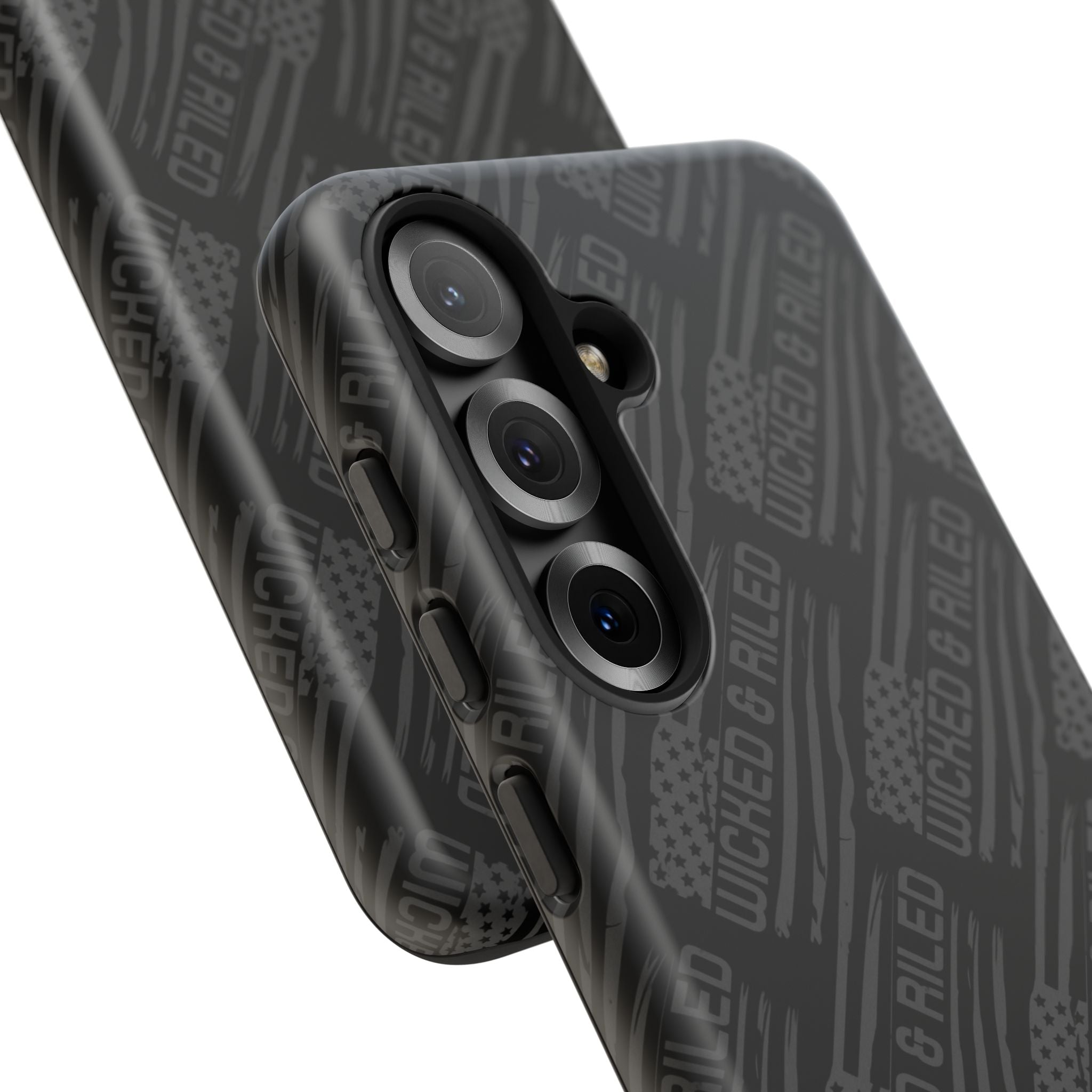 Rugged black protective phone case by Printify with "TOUGH CASES" text pattern on a solid background.