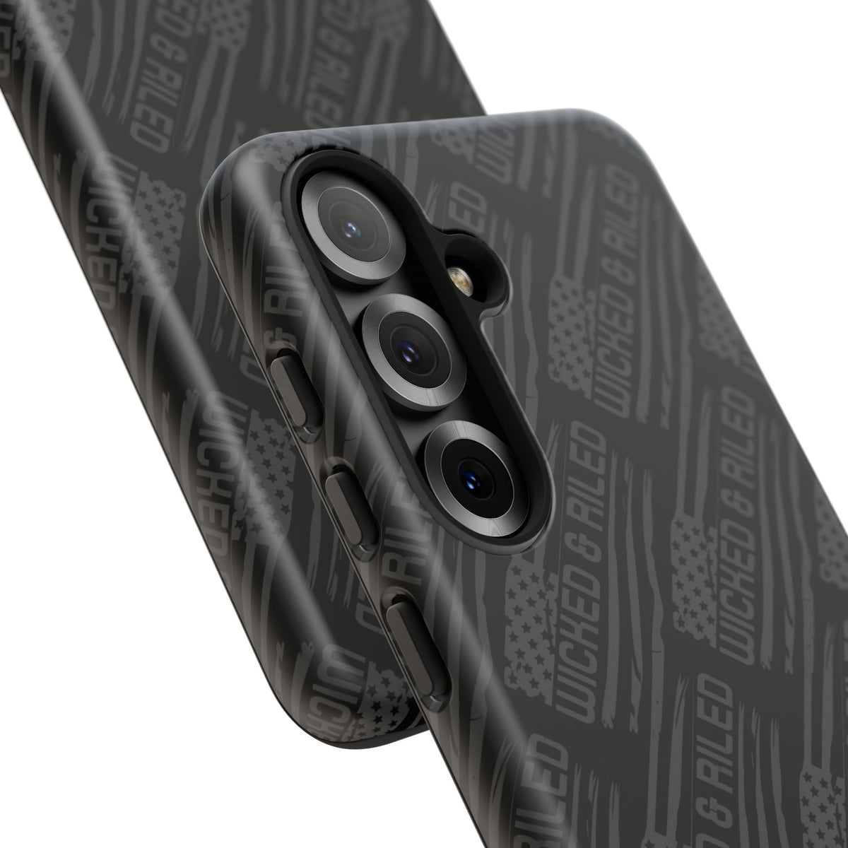 Rugged black protective phone case by Printify with "TOUGH CASES" text pattern on a solid background.