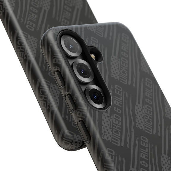 Rugged black protective phone case by Printify with "TOUGH CASES" text pattern on a solid background.