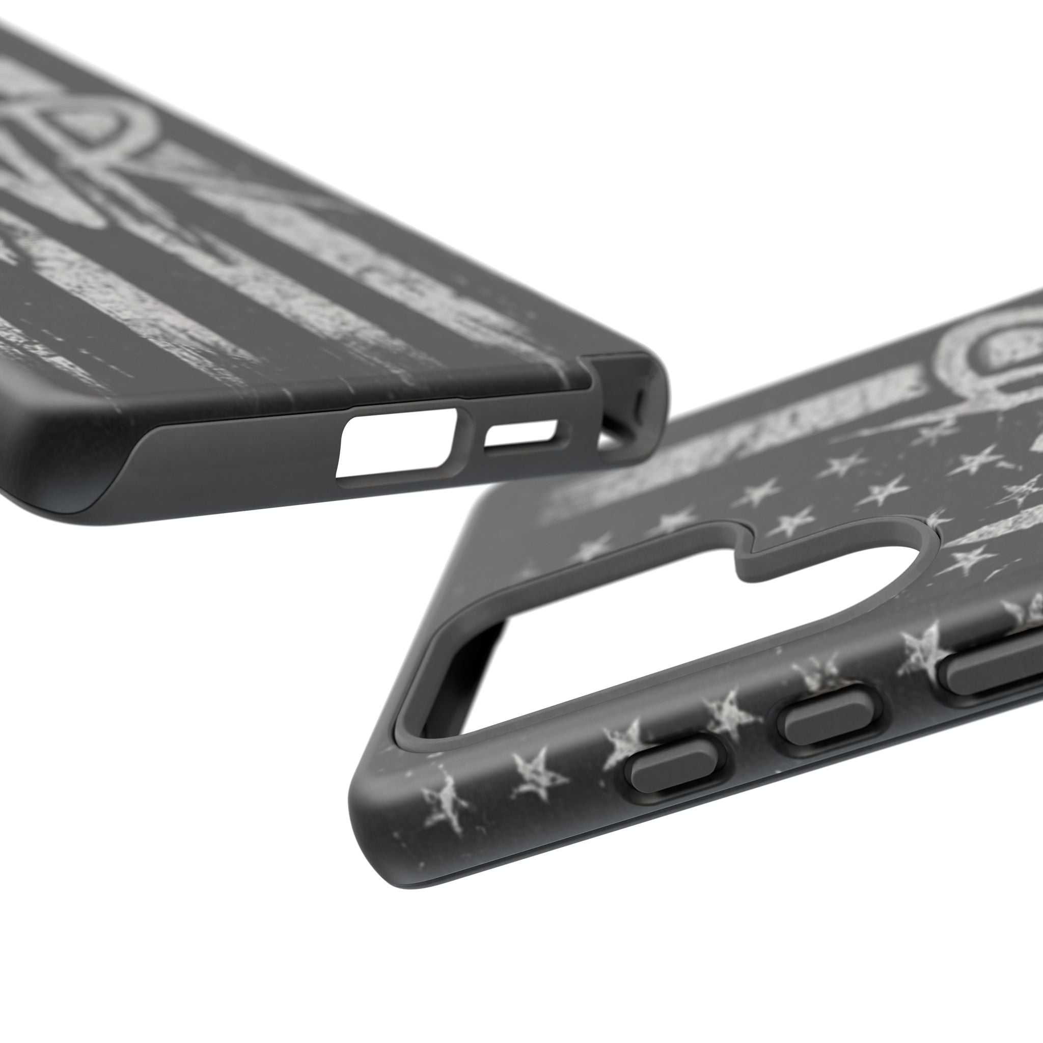 Distressed American flag phone case featuring a patriotic monogram WR, designed by Printify.