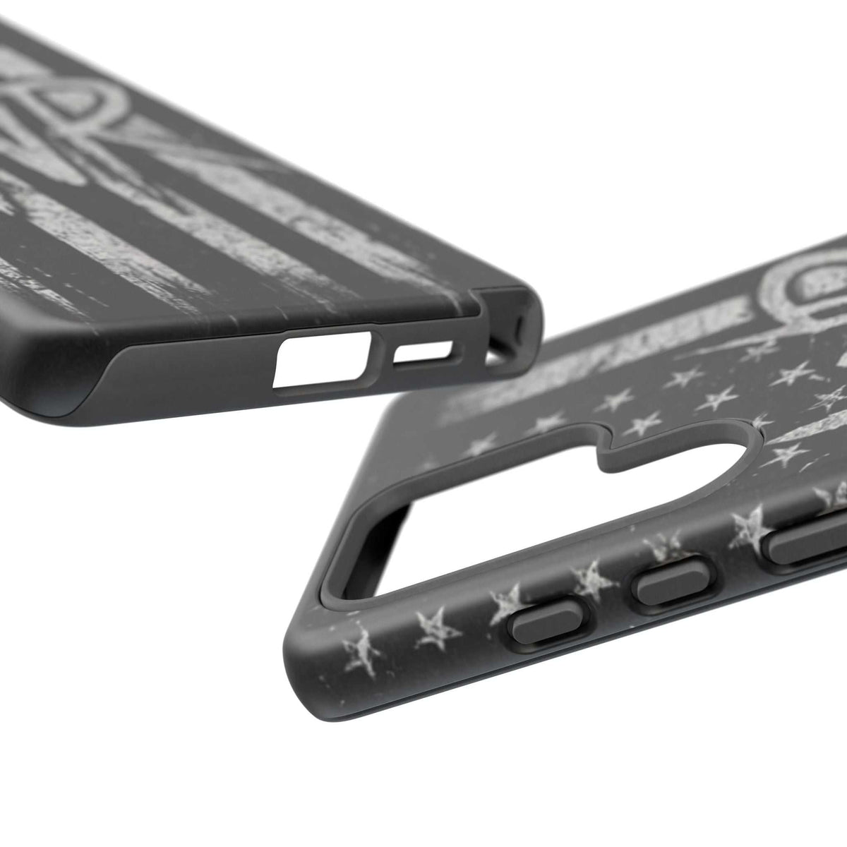 Distressed American flag phone case featuring a patriotic monogram WR, designed by Printify.