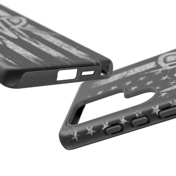 Distressed American flag phone case featuring a patriotic monogram WR, designed by Printify.
