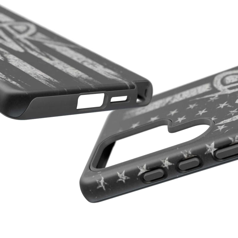 Distressed American flag phone case featuring a patriotic monogram WR, designed by Printify.