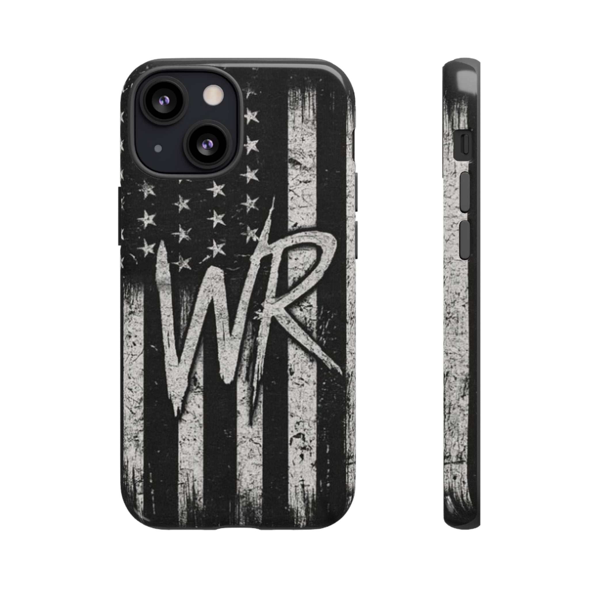 Patriotic monogram tough phone case featuring a distressed American flag design with initials WR.