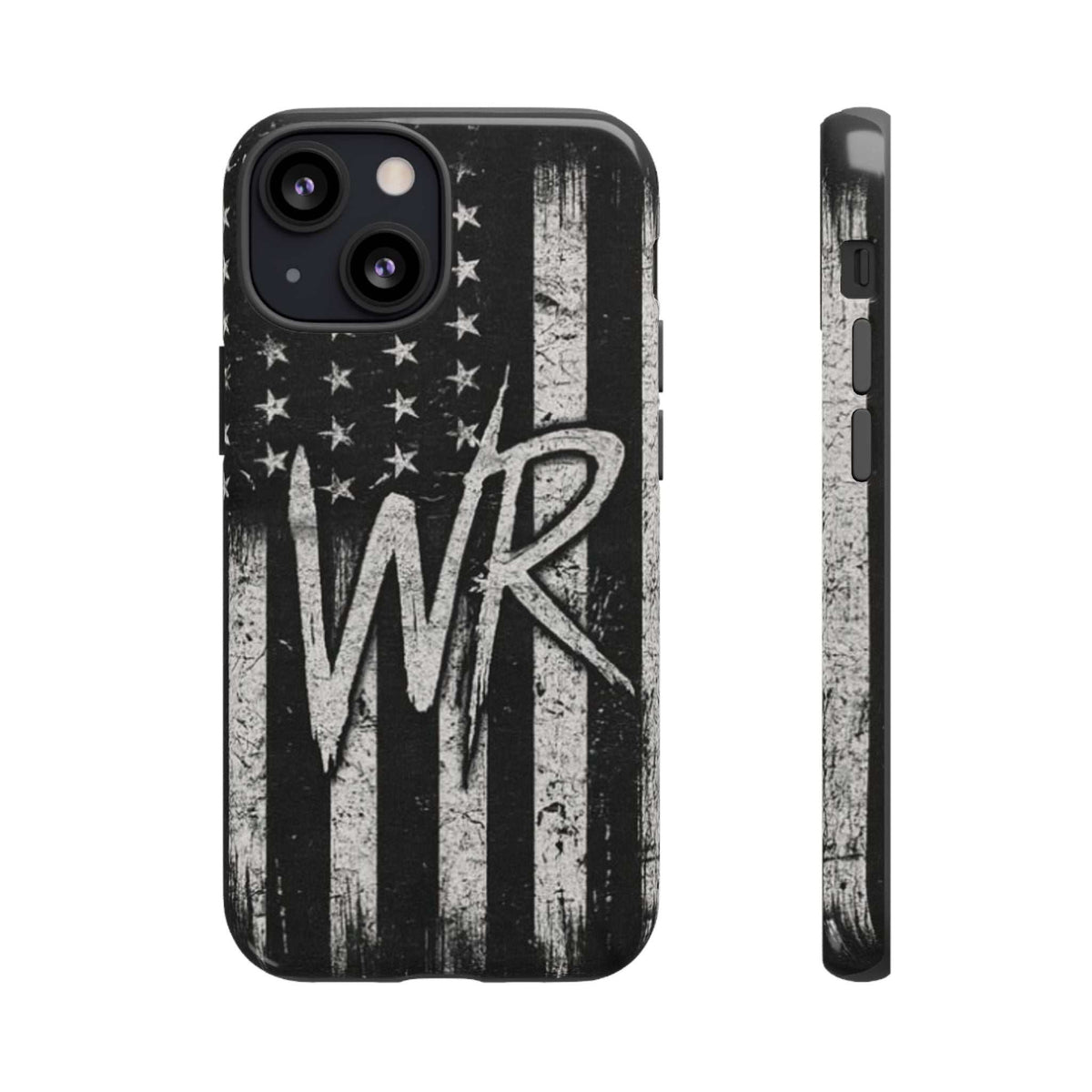 Patriotic monogram tough phone case featuring a distressed American flag design with initials WR.