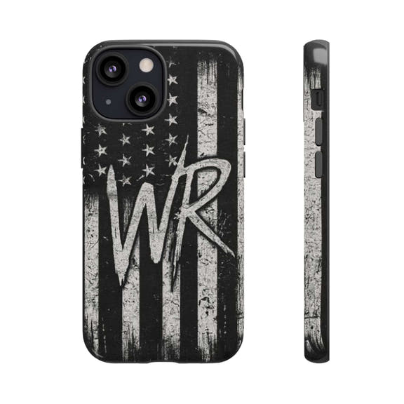Patriotic monogram tough phone case featuring a distressed American flag design with initials WR.