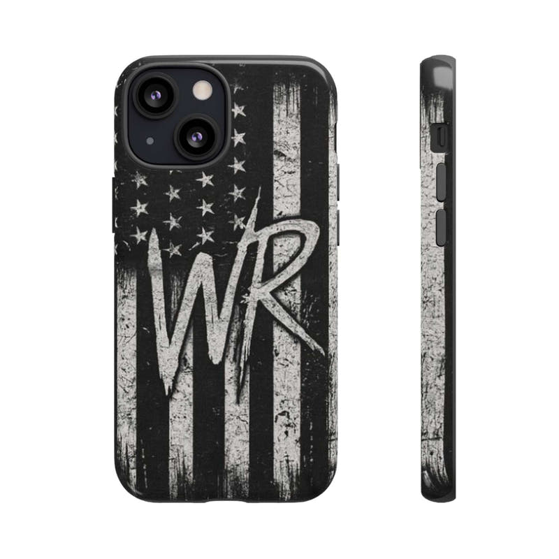 Patriotic monogram tough phone case featuring a distressed American flag design with initials WR.