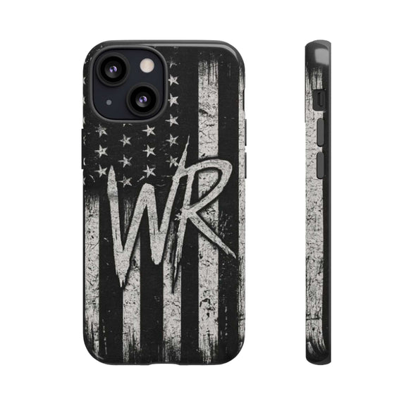 Patriotic monogram tough phone case featuring a distressed American flag design with initials WR.