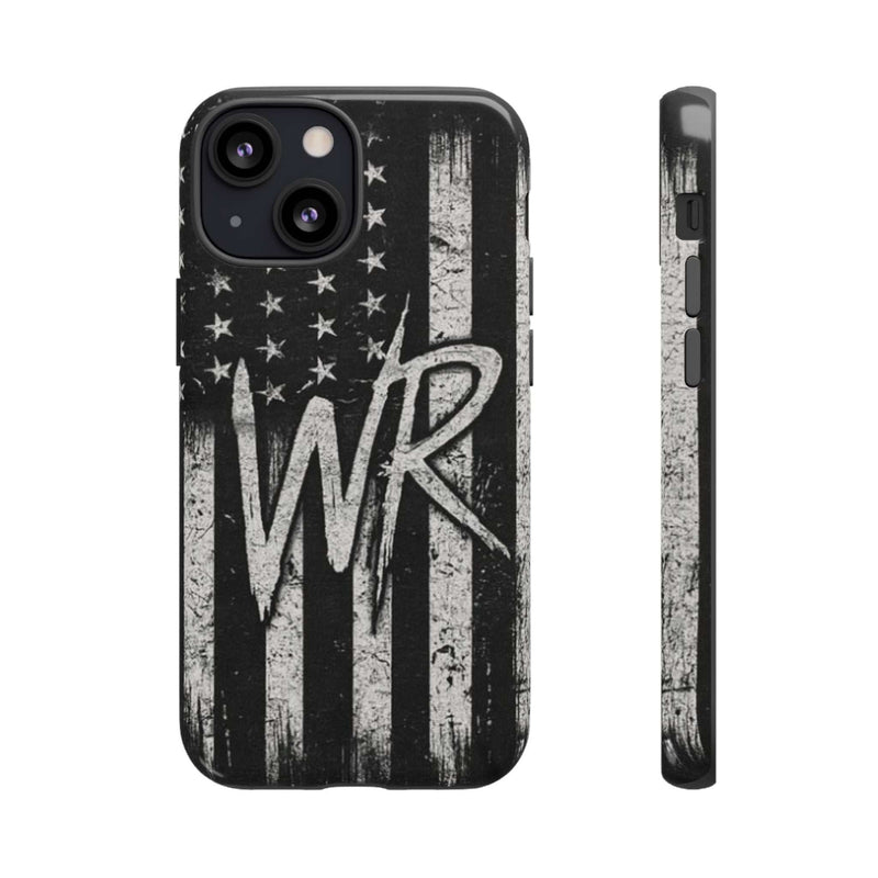 Patriotic monogram tough phone case featuring a distressed American flag design with initials WR.