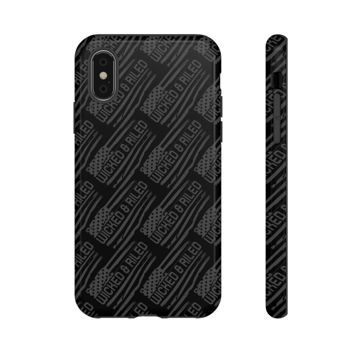 Rugged black protective phone case with "TOUGH CASES" text pattern by Printify, designed for durability and style.