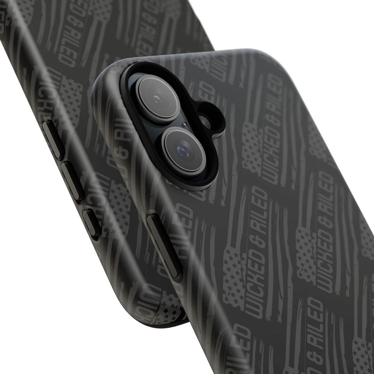 Rugged black protective phone case by Printify with a textured TOUGH CASES pattern for enhanced grip and durability.