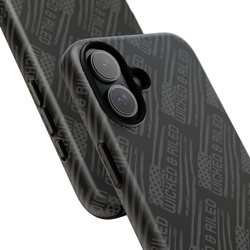Rugged black protective phone case by Printify with a textured TOUGH CASES pattern for enhanced grip and durability.