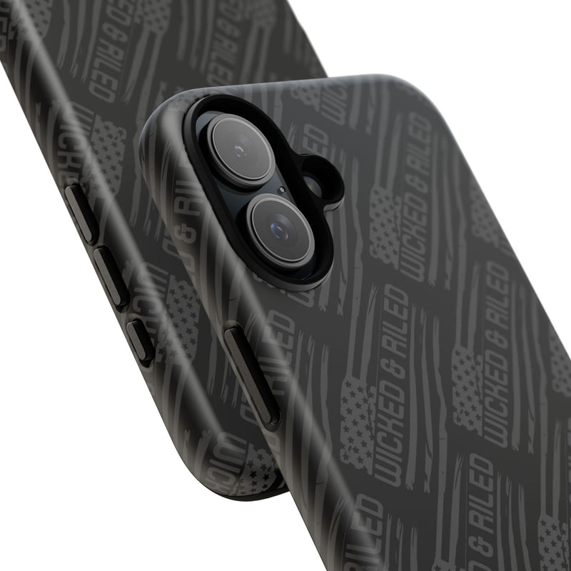 Rugged black protective phone case by Printify with a textured TOUGH CASES pattern for enhanced grip and durability.
