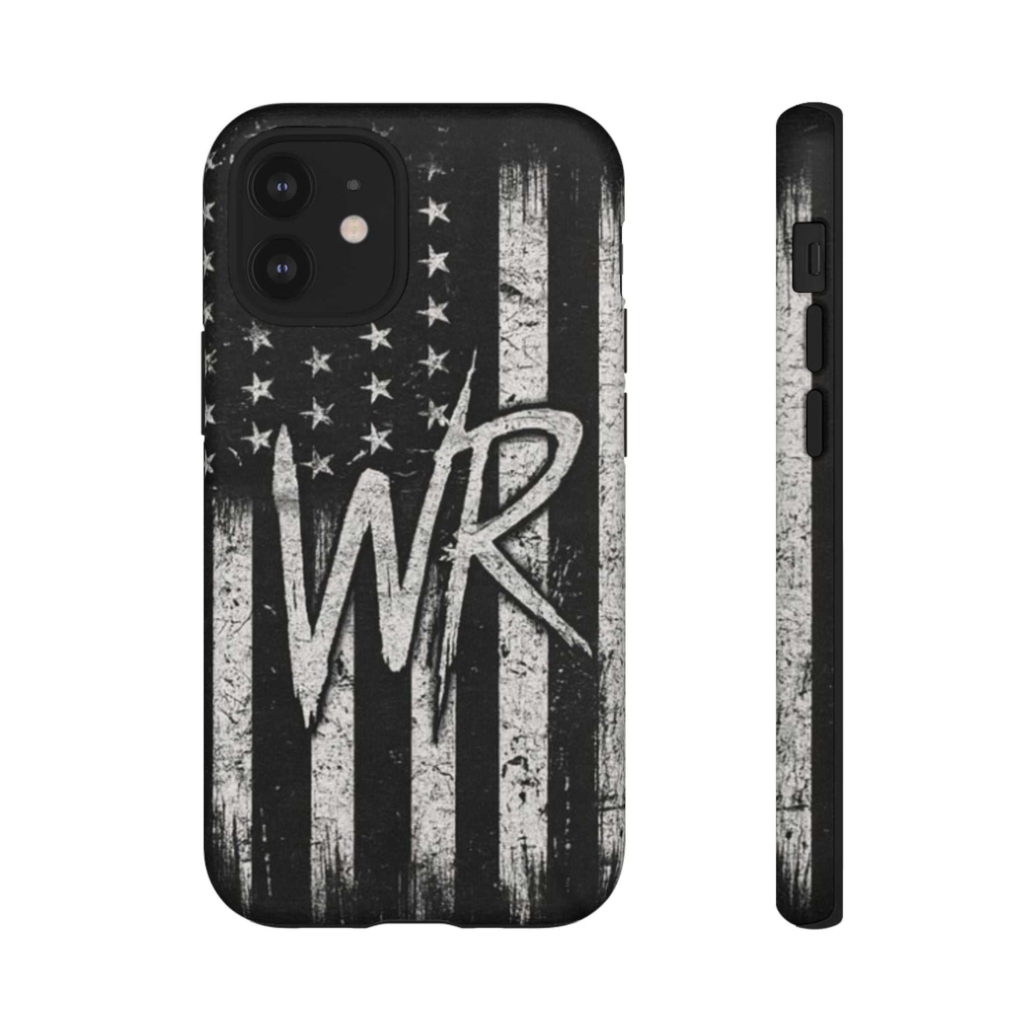 Patriotic monogram tough phone case featuring a distressed American flag design with the letters WR.