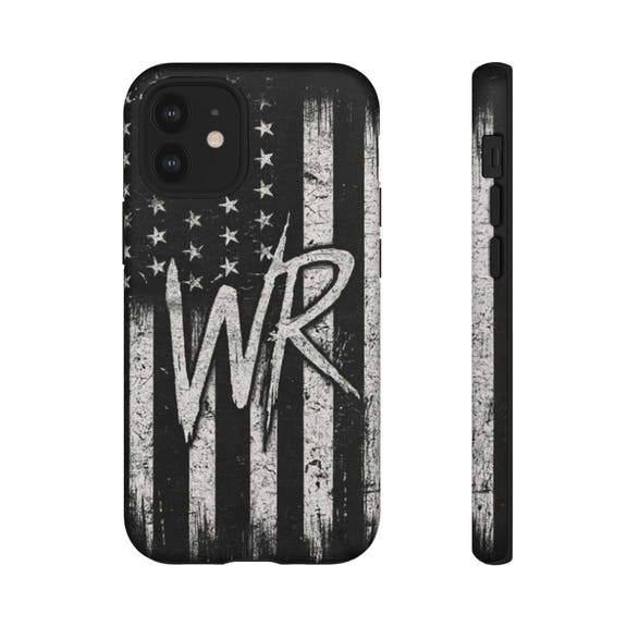 Patriotic monogram tough phone case featuring a distressed American flag design with the letters WR.